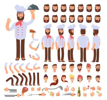 Cartoon chef animated vector creation character. Professional male cook with various body parts, face emotion and kitchen tools. Chef person animation standing illustrationのイラスト素材