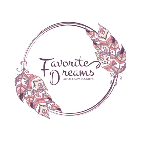 Hipster fashion emblem - hand drawn feathers frame design. Feather ethnic hipster and tribal emblem, vector illustrationのイラスト素材