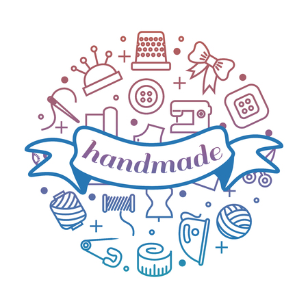 Bright handmade work round concept with line icons and bannerのイラスト素材