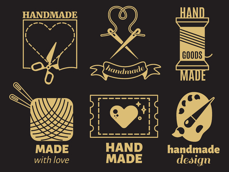 Vintage hipster handiwork, handmade, vector badges, labels on black backdropのイラスト素材
