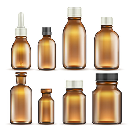 Realistic brown glass medicine and cosmetic bottles, medical packaging isolated vector set. Illustration of bottle glass container medical drugのイラスト素材