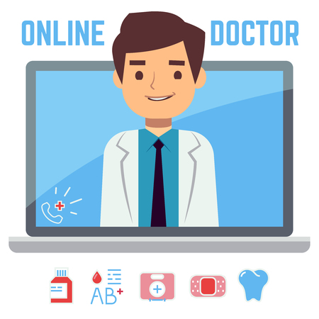 Flat online doctor, internet computer health service, medical consultation vector conceptのイラスト素材