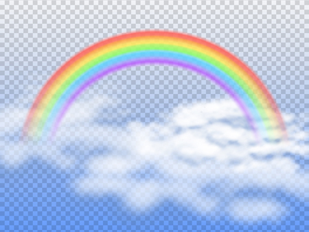 Rainbow arc with white clouds in blue sky 3d vector illustration. Rainbow in sky after rain, spectrum colored curveのイラスト素材