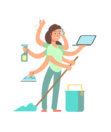 Super mom vector concept. Stressed mother in business and housework activities. Mother housework, mom busy multi tasking illustrationのイラスト素材