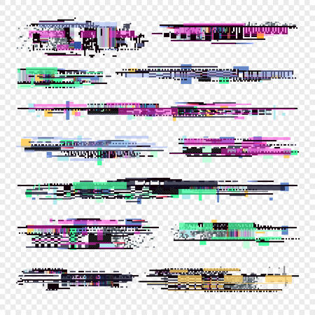 Decay signal glitch vector elements isolated. Grunge monitor glitched noise. Tv screen problems set. Digital bug decay, glitch disintegration pixel illustrationのイラスト素材