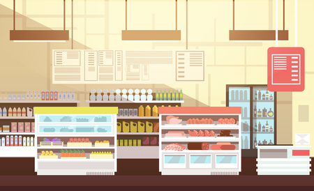 Modern super market empty interior flat vector illustration. Retail store market, supermarket with assortment foodのイラスト素材