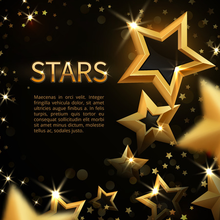 Shiny sparkling gold stars on black abstract holiday magic vector background. Banner with gold shiny magic bright star illustrationのイラスト素材