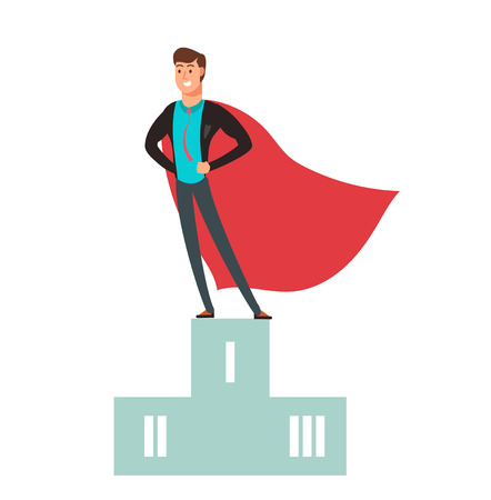 Business competition winner. Super hero man standing on podium vector illustration. Winner man in business, hero success on podiumのイラスト素材