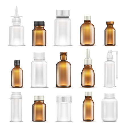 Medicine glass and plastic blank bottles isolated vector set. Bottle medicine container for care health, healthcare vitamin pharmaceutical illustrationのイラスト素材