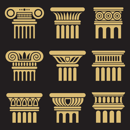 Set of golden ancient rome architecture column icons. Vector illustrationのイラスト素材