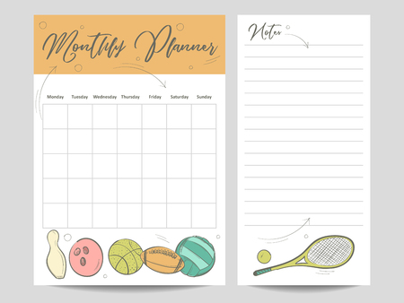 Monthly planner and page for notes template with sketch sport elements. Vector illustrationのイラスト素材