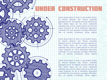 Under construction vector background with hand drawn gears on notebook page. Illustration of under construction banner for webのイラスト素材