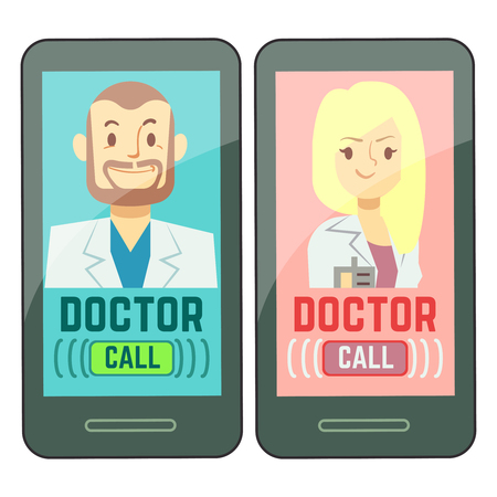 Flat mobile doctor, personalized medicine male and female consultant on smartphone. Vector consultation doctor online, healthcare medical illustrationのイラスト素材