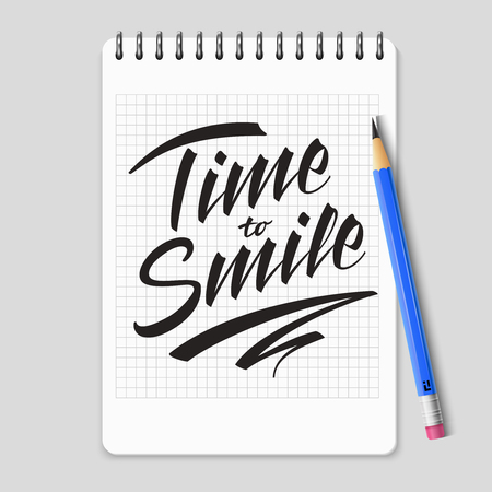 Time to smile vector lettering on realistic notebook page. Time smile lettering phrase calligraphy illustrationのイラスト素材