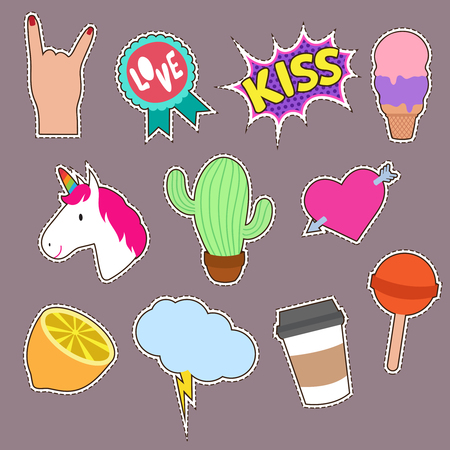Unicorn, cactus, kiss embroidery word icons. Cute fashion girl patches vector collection.のイラスト素材