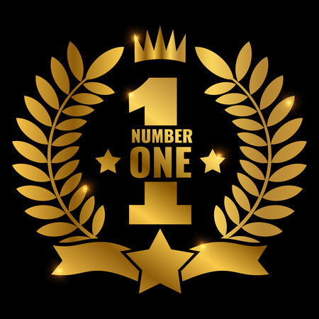 Shiny golden vector number one retro label design isolated on black illustrationのイラスト素材