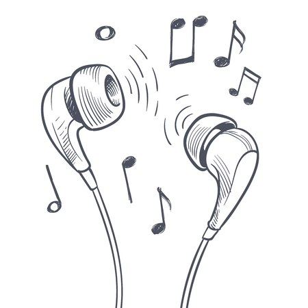 Hand drawn headphones and musical notes doodles electronic music vector conceptのイラスト素材