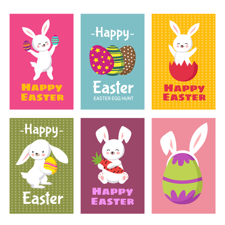 Happy Easter vector greeting cards with cartoon bunny rabbit and easter eggsのイラスト素材