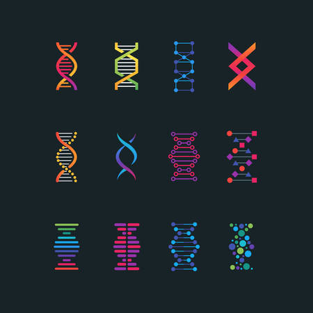 Human dna research technology symbols. Spiral molecule medical bio tech vector iconsのイラスト素材