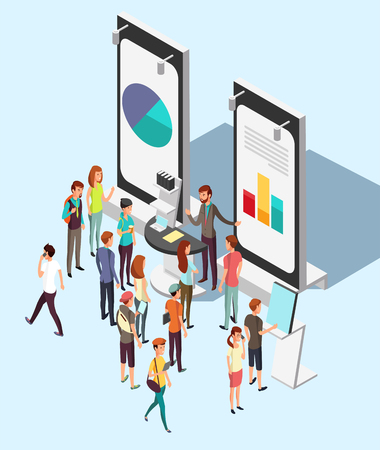People crowd at exhibition trading promotion stand in exhibition. Market retail isometric vector conceptのイラスト素材