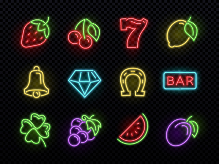 Slot machine bright neon vector symbols. Casino light gambling iconsのイラスト素材