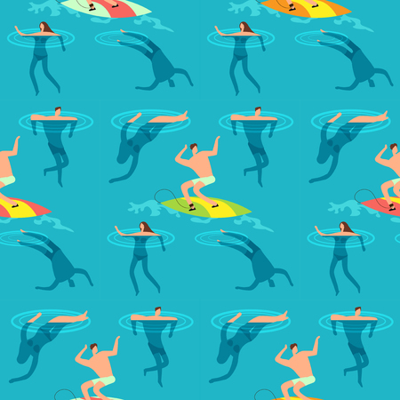People swimming and diving ocean. Summer time on beach exotic vintage seamless vector patternのイラスト素材