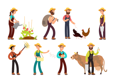 Happy farmers with agricultural tools and planting vector characters setのイラスト素材
