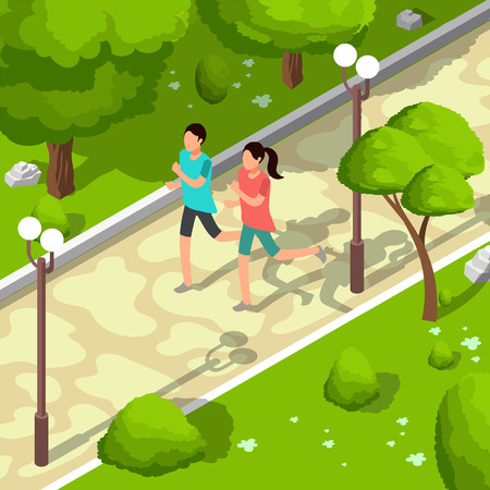Sport family running in park vector isometric 3d illustration. Healthy lifestyle conceptのイラスト素材