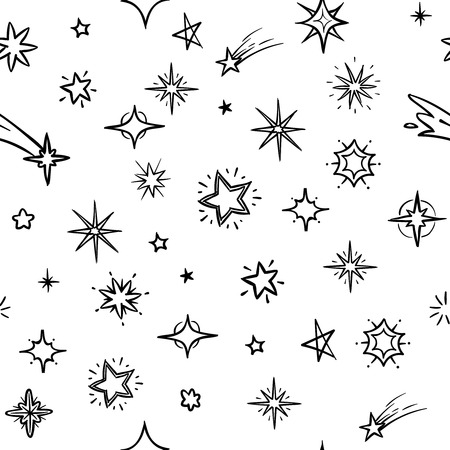 Hand drawn sky with doodle stars vector seamless background. Grunge outer space repeating patternのイラスト素材