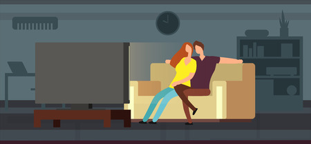 Young couple watching tv on sofa in modern living room vector illustrationのイラスト素材