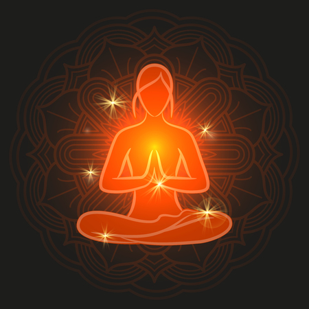 Shine meditation silhouette with flower mandala illustration.のイラスト素材