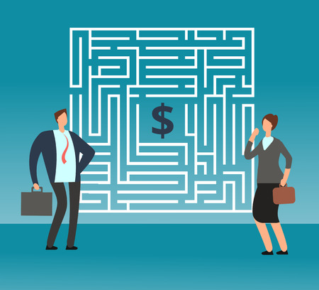 Confused businessman thinking how to pass out maze and get money. Teamwork and career vector conceptのイラスト素材