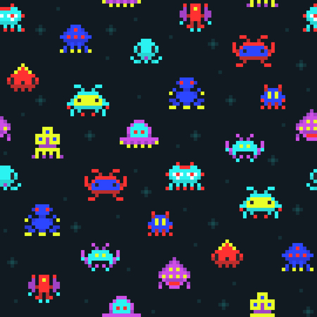 Cute pixel robots, space invaders retro video computer game seamless vector patternのイラスト素材