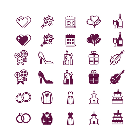 Love and wedding icons isolated on white background - linear and silhouette love iconのイラスト素材