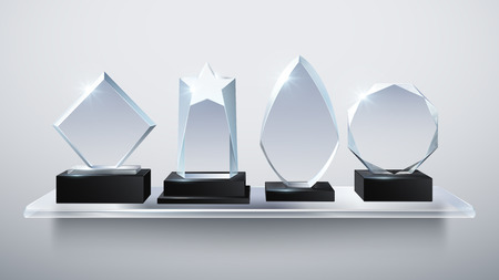 Realistic glass trophy awards, transparent diamond winner prizes on shelf vector illustrationの写真素材
