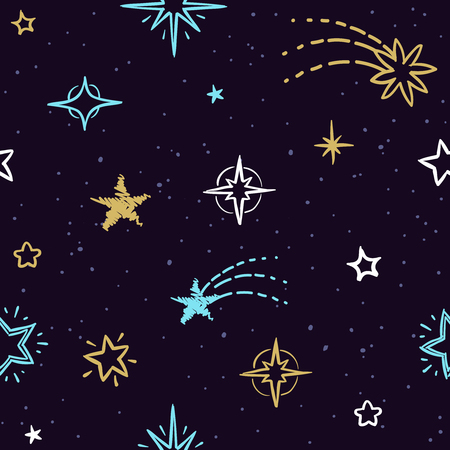 Sky vector seamless pattern with doodle stars. Starry background for homemade christmas gift packingの写真素材