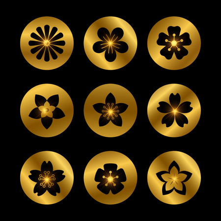 Stylish golden icons with flowers silhouettesのイラスト素材
