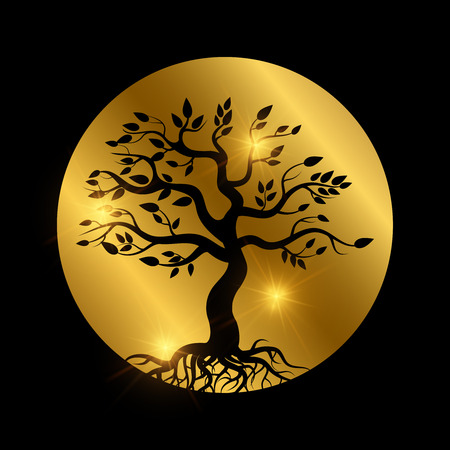 Black tree with roots silhouette with shiny elementsのイラスト素材