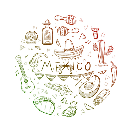 Hand drawn mexican symbols - sketch mexico logoのイラスト素材