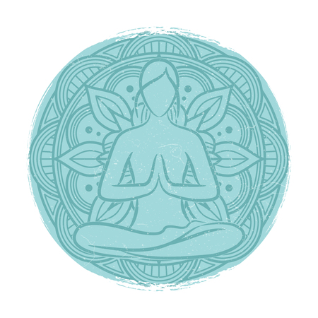 Yoga balance female silhouette. Flower mandala and meditation womanのイラスト素材