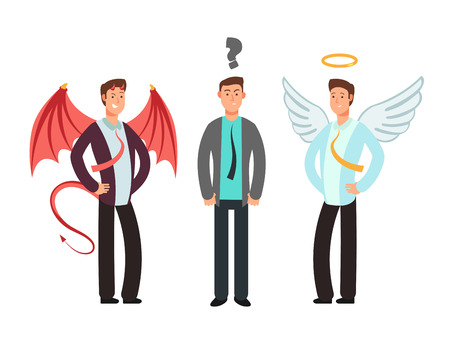 Confused businessman with angel and devil over shoulders. Choose vector conceptのイラスト素材