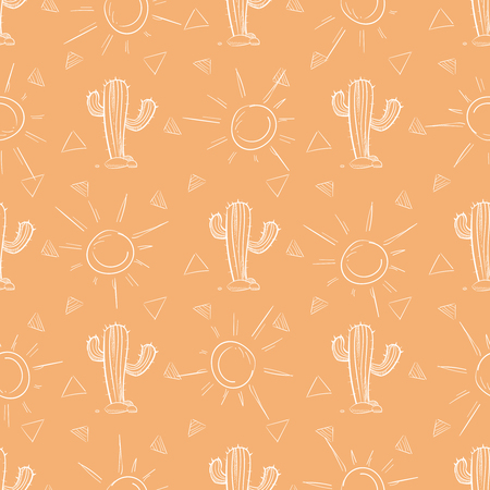 Chalk hand drawn cactus and sun seamless pattern. Vector illustrationのイラスト素材