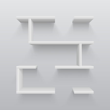 White plastic 3d shelves with light shadow on wall. Simplicity in interior design vector illustrationのイラスト素材