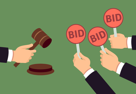 Bidders human arms holding bid paddle and auctioneer hand with gavel. Auction bidding and justice vector conceptのイラスト素材