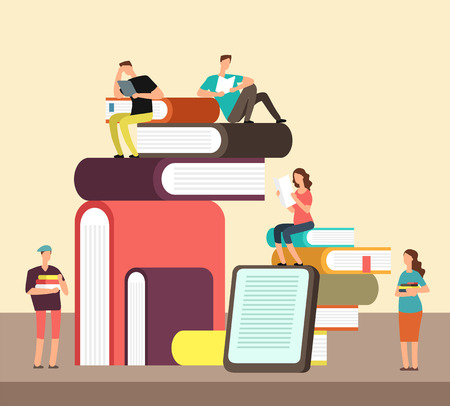 Man and woman reading books. People and book creative idea cartoon flat concept. Book festival vector posterの販売画像