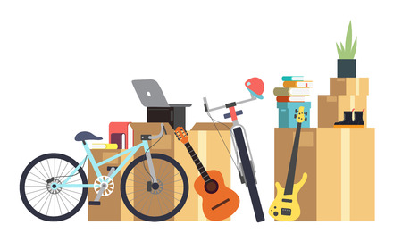 Paper cardboard boxes with various household thing. Family moving into new house. Cartoon vector conceptのイラスト素材
