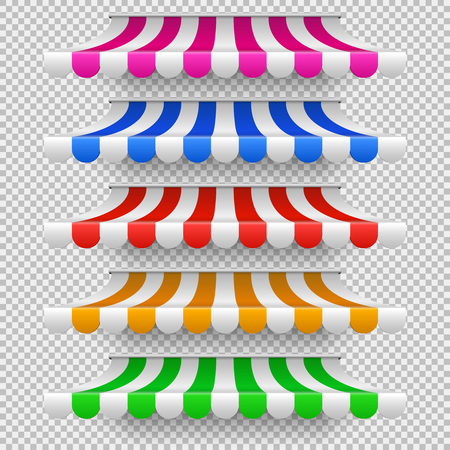 Shop awning tents for window. Outdoor market canopy, vintage store roof isolated vector setのイラスト素材