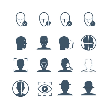 Face recognition safety software line icons. Faces and iris biometrics detection, facial laser scanning vector symbolsのイラスト素材