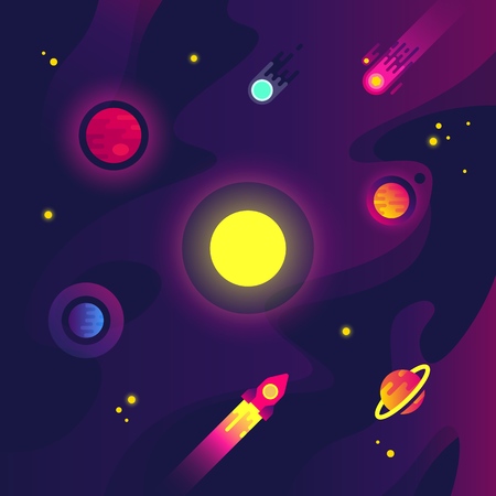 Cartoon space with spacecraft, small planets, meteorite and star in night sky. Flat science vector backgroundのイラスト素材