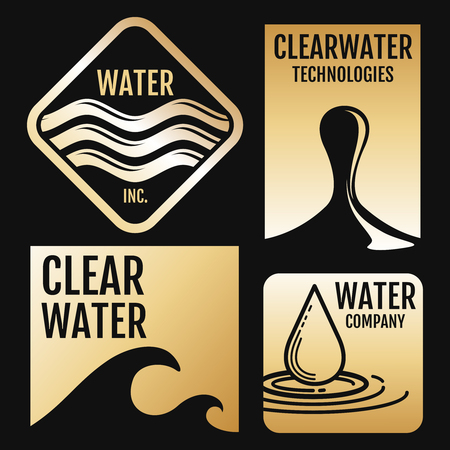 Water vector logos and labels set with aqua symbols on black background. Vector illustrationのイラスト素材